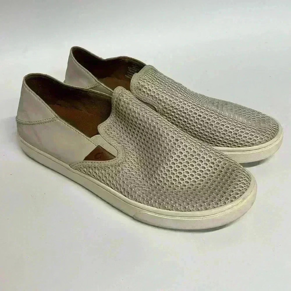 OluKai Pehuea Tapa Beige Tan Women’s 8 Breathable Casual Slip-On Sneaker Shoe - Picture 1 of 5